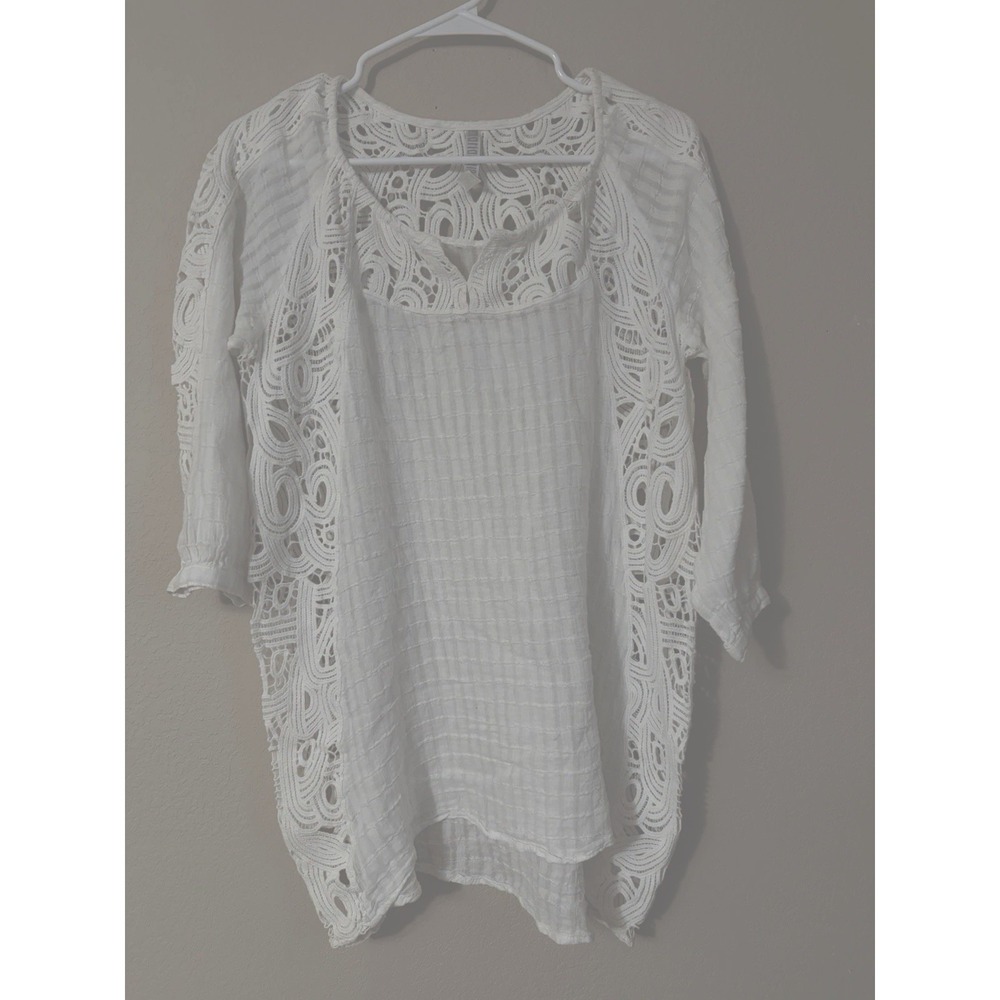 Monarello White‎ Cotton Crochet Lace Tunic Top 3/4 Sleeve M8285 Womens Medium
